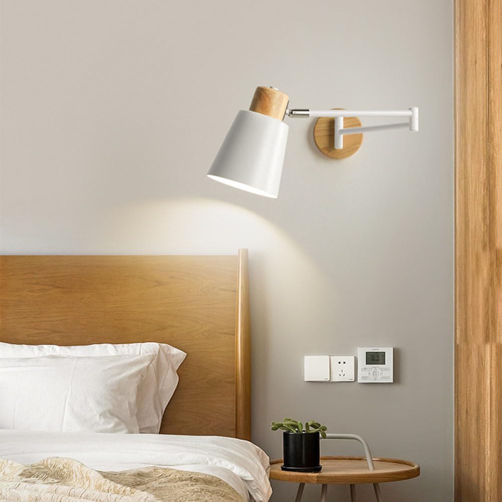 AoLa Schwenkarm Wandleuchte Innen Langer Arm Klapparm Wandbeleuchtung E27 Holzlampen Wandlampe Metall Verstellbarer Leselampe Modern Weiß Nachttischlampe Für Schlafzimmer Wohnzimmer Kinderzimmer