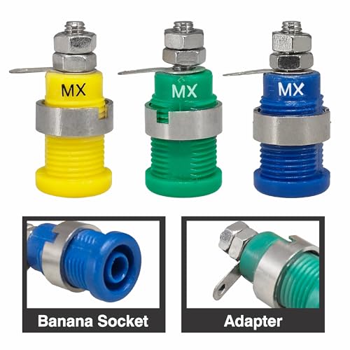Image of MX 4mm Banana Socket Set, Laboratory Grade Safety Test Terminals in Blue Yellow Green, Metal Construction, Panel Mount Design Pack of 3