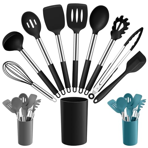 Joyfair Kitchen Utensils Set, 10 Pcs Silicone Cooking Utensils Set with Stainless Steel Handle, Heat Resistant Cooking Tools Spatula Turner Spoon with Holder, Dishwasher Safe & Non Scratch, Black Joyfair Kitchen Utensils Set, 10 Pcs Silicone Cooking Utensils Set with Stainless Steel Handle, Heat Resistant Cooking Tools Spatula Turner Spoon with Holder, Dishwasher Safe & Non Scratch, Black