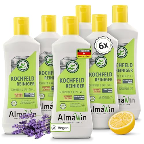 AlmaWin® Kochfeld Reiniger [6x 250ml] für die kraftvolle Ceranfeld-Reinigung - Glaskeramik Reiniger mit Lavendel-Zitronen-Duft - Herdreiniger für Ceranfeld, Induktionskochfeld, Glaskeramik - VEGAN