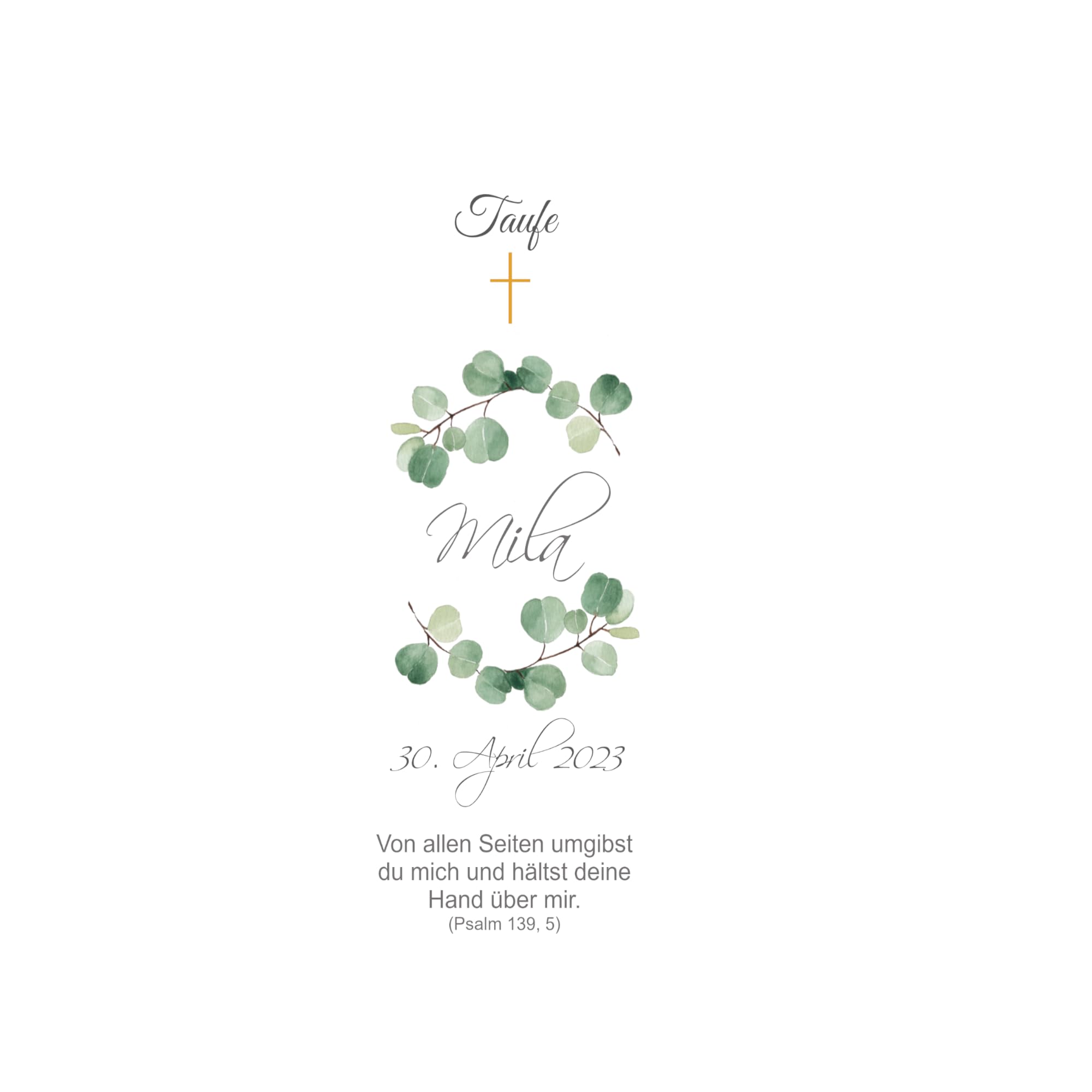 KERZENFOLIE PERSONALISIERT - Kerzensticker, Kerzentattoofolie - TAUFE, KOMMUNION, KONFIRMATION, Hochzeit - EUKALYPTUS auf Transferfolie, Wasserschiebefolie für Taufkerzen und Kommunionkerzen