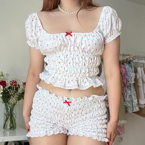 Image of Yuemengxuan Women Y2k Ruffle Shorts Ruched Plaid Shorts Micro Shorts Pajama Bottoms Y2k Cute Fairy Lace Edge Pettipants