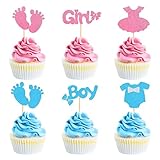Picture of Keaziu 36 Pack Boy or Girl Cupcake Toppers Boy Girl Clothes Onesie Dress Feet Gender Reveal Cupcake Toppers Pink or Blue Cupcake Picks for Baby Shower Boys Girls Birthday Party Decorations