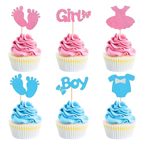 36Pcs Boy or Girl Cupcake Toppers Pink Blue Clothes Onesie Baby Feet Cupcake Picks for Gender Reveal Pink or Blue Party Boy or Girl Gender Reveal Newborn Baby Birthday Cupcake Decorations