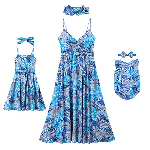 AWIBMK Mommy and Me Dresses Boho Floral Dress Hawaiian Vacation Mom Daughter Outfits with Headband 2PCS