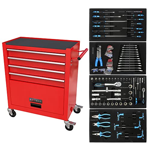 OFLILAK 4-Drawer Tool Cart on Wheels with Tool Set, Trolley Organizer Tool Case, Heavy Duty Utility Industrial Service Cart Storage Organizer for Mechanic, Warehouse, Garage, Workshop, Red