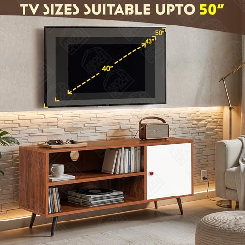 Image of ABOUT SPACE TV Unit - Engineered Wooden TV Stand Table with Cable Hole, Cabinet with Door, Adjustable Shelf for WiFi Router Stand for Living Room, Bedroom (White & Oak Red - L 120 x B 40.5 x H 55 cm)