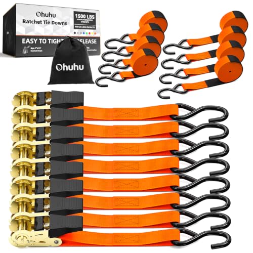 Ohuhu Ratchet Tie Down Straps 1" x 15', 8-Pack, Orange