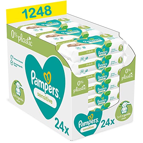 Pampers - Toallitas de bebé sensitivas, 0%, 1248 toallitas (24 x 52), sin perfume ni alcohol, fibras de origen vegetal y 0% de plástico, probado dermatológicamente, adecuado para recién nacidos