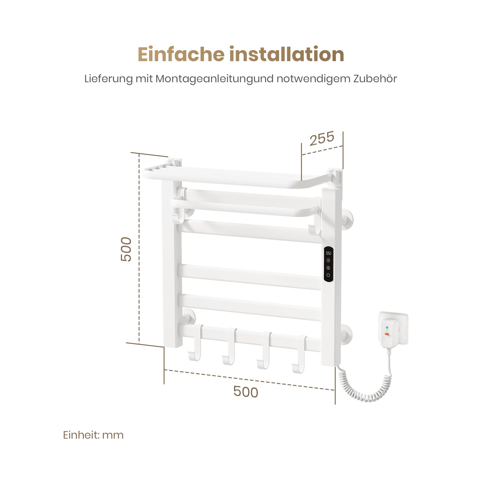 EMKE Elektrischer Handtuchheizkörper 50x50 cm, 140W Handtuchwärmer mit WLAN-App-Steuerung, Kohlefaser Badheizkörper Elektrisch mit klappbarer Ablage & 6 Haken, IPX5, Weiß