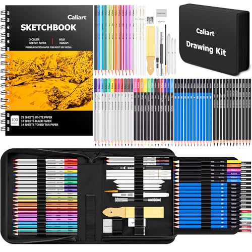 Caliart 176PCS Art Supplies Sketching Kit with 100 Sheets 3-Color Sketch Book, Graphite...