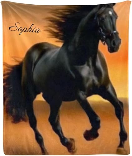 Manta personalizada con diseño de caballos negros, manta de forro polar suave con nombre para regalos, sofá cama (50 x 60 pulgadas)