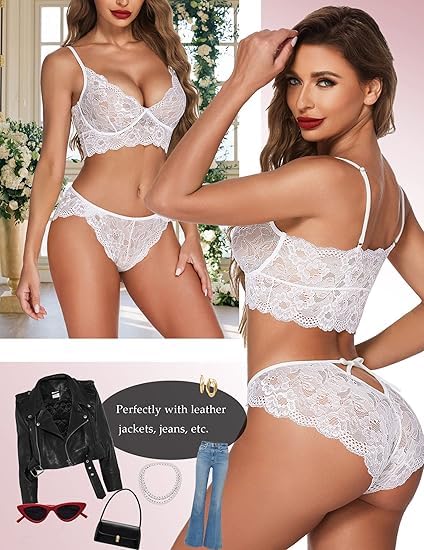 Image of LOURYN KOULYN Women's Lace Lingerie Bra and Panty Set Strappy Babydoll Bodysuit