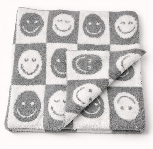 Image of L+L USA Checkered Smiley Face Baby Blanket 28 inchx40 inch - DreamSoft Knit Throw for Crib, Stroller or Car Seat Blanket /Newborn Nursery Gift Essential for Toddler, Infant, Kids, Boys & Girls (Gray /White)