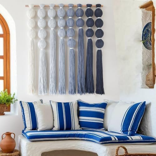 Macrame Wall Hanging Dip Dyed Blue Yarn Wall Art Tassel Decor 27 W*31 L