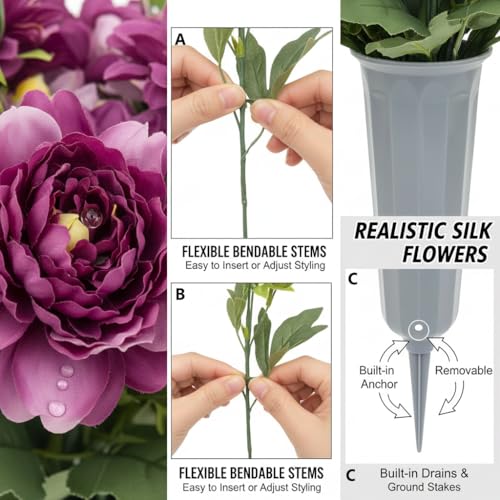 Artificial Cemetery Flowers for Grave, 2 Pack Silk Peonies Bouquet with Vase - UV Resistant Purple & Pink Memorial Flowers, All Weather Outdoor Headstone Decor with Spike image 3