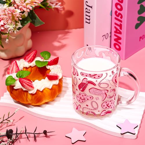 Taza de vidrio 12 oz color rosa con diseño vaquero miniatura 3