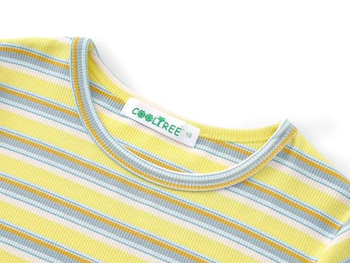 Image of Girls Striped T-Shirt Lettuce Trim Short Sleeve Top Size 6-16 | Soft stretch ribbed knit fabric, breathable blouse,summer outfit for big girls & teen, for school, party and daily activity