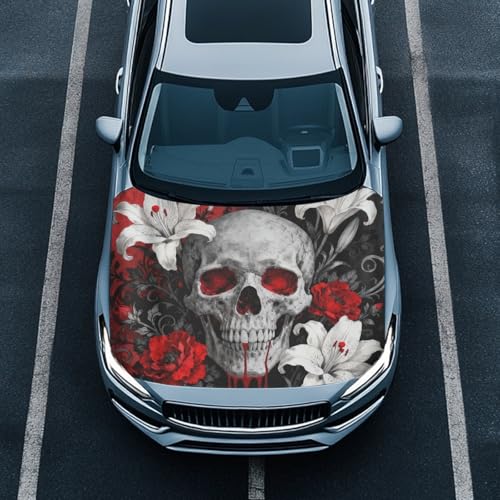 Image of Skull Car Hood Cover, Gothic Iris Bloody Skeleton Washable Elastic Auto Hood Protector Stretchable Polyester Fabric, Flower Skeleton Car Bonnet All-Season Protection