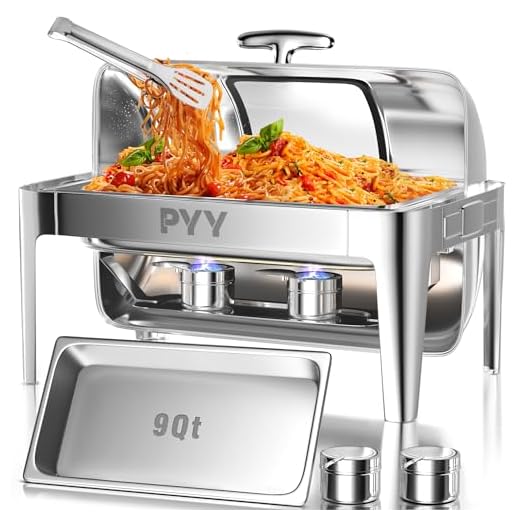 PYY Roll Top Chafing Dish Buffet Set Professional Chaffing Server Set Commercial Chafer 9QT, Chafers for Catering Rolling Buffet Servers and Warmers(Full Size Pan)