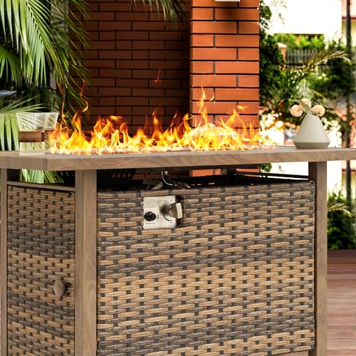 Image of NUU GARDEN 43 inch Propane Fire Pit Table, 50,000 BTU CSA-Listed Outdoor Gas Fire Pit with Rattan Frame, Lid and Glass Beads for Backyard, Deck and Garden, Brown