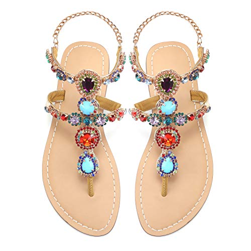 Image of Women's Rhinestone Flat Sandals, Women Flip Flops with Clip Toe RingBeadeed Rhinestone Crystal Jeweled Sandal Shoes for Summer Beach Oceanside Holiday Outdoor