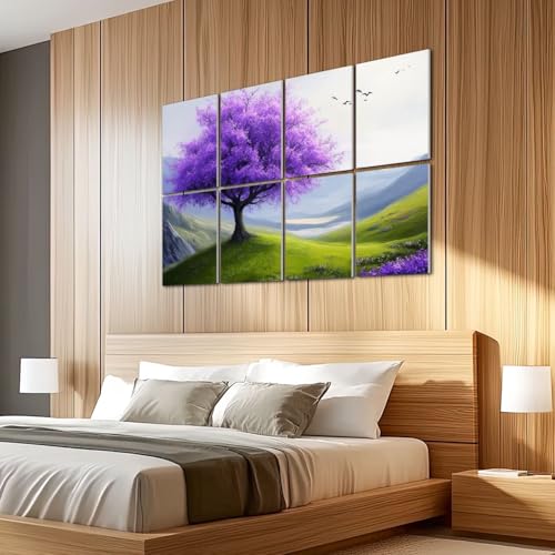 8 Pack paneles acústicos artísticos para absorción de sonido con diseño abstracto paisajes modernos, montañas distantes, pájaros y cielo nublado, para estudios de grabación y oficinas, tamaño total 48"x32" miniatura 5