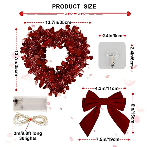 Nubauto 13.7" Valentines Day Wreath Decor, Valentines Heart Wreaths With Bowknot, Red Tinsel Heart Shaped Wreaths With Led String Lights For Wedding Front Door Wall Window Birthday Party Decor #TOP1