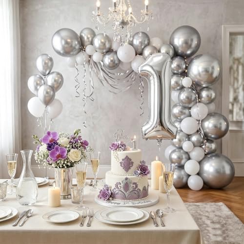 Image of Number Balloons Silver Party Balloon - Giant Number 1 Balloon, 40 Inch Large Balloon for Birthday Decorations, Silver Party Supplies for Anniversary