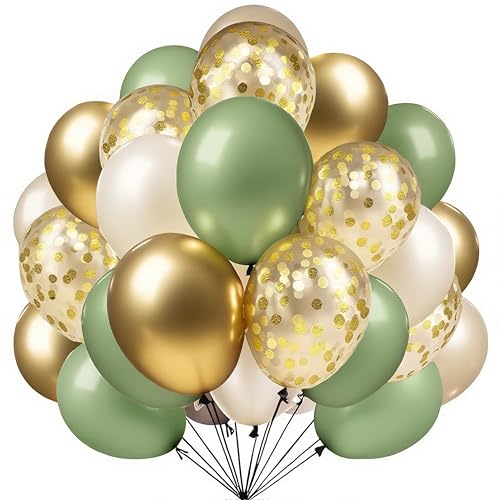 Image of Firomi Metallic Chrome Gold and Sage Begie Balloons Set 12-inch 70 Pack