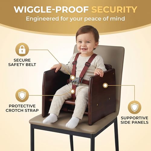 Image of Dark Brown Wooden Dining Seat Riser for Restaurant Chairs - Stackable Rubberwood Seat Platform with Chair Strap & Non-Slip Pads, Commercial Restaurant Seating Accessory