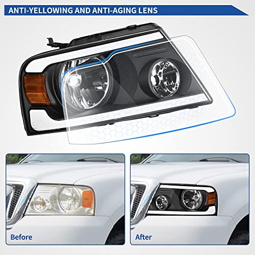 Image of oEdRo LED DRL Headlight Assembly Replacement for 2004-2008 Ford F150 F-150 Headlamps w /Sequential Turn Signal Clear Lens Black Housing Pair Set