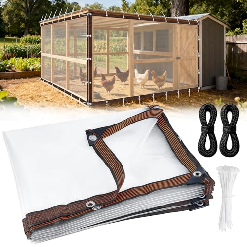 Chicken Coop Cover for Winter Waterproof Clear Tarp with Metal Grommets Rope & Cable Ties Durable Easy Install Chicken Run Cover Winter Wrap Insulated Poultry Supplies for Outdoor Patio Porch