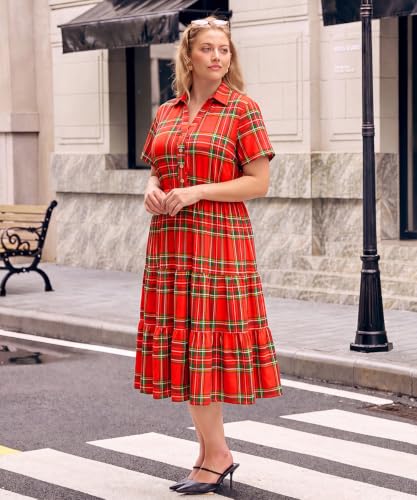 Image of CARCOS Plus Size Dresses for Curvy Women Collared Vneck Short Sleeve Dresses Midi Summer Ruffle Dress with Pocket XL-5XL
