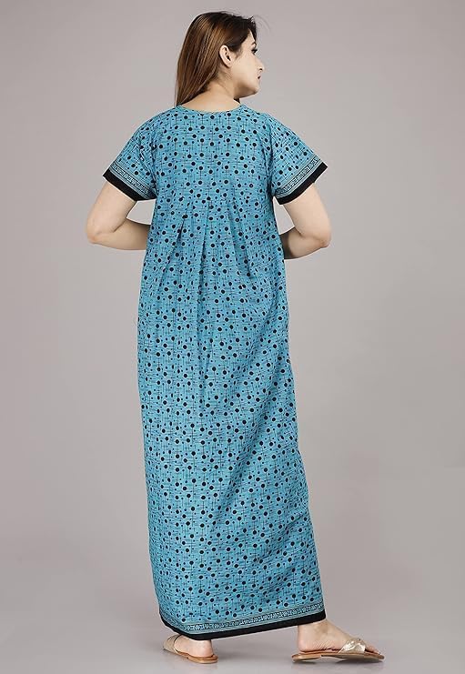 Image of NILOUFO Women's Cotton Printed Maxi Nighty - Pack of 2 | Soft Ankle-Length Sleepwear Gowns for Women | Free Size Night Dresses (Brown,Blue, Free Size)