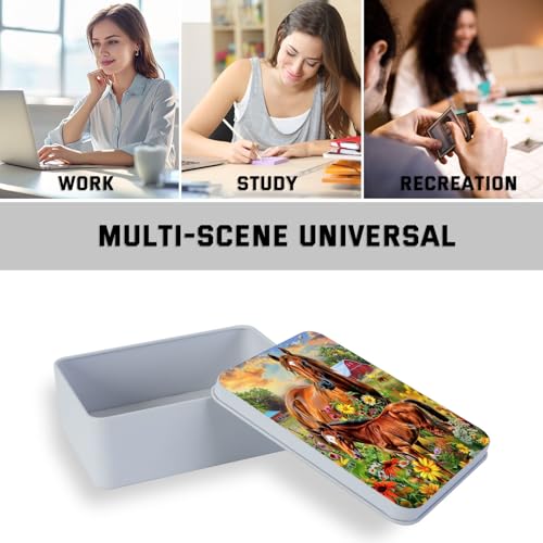 Image of Metal Tin Box with Lid for Game Cards Home Organizer Candles Keys Crafts Storage - Equipped with 4 Magnetic Cord Clips,Horses and flowers
