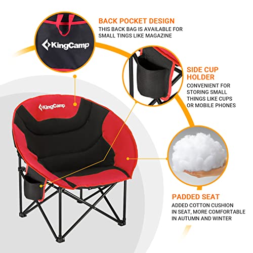 Kingcamp Saucer Camping Chair For Adults Oversized Moon Folding Portable Heavy Duty Lawn Round Sofa Padded Seat With Cup Holder And Storage Bag Supports 300Lbs, 1 Pack, Black/Red #TOP5