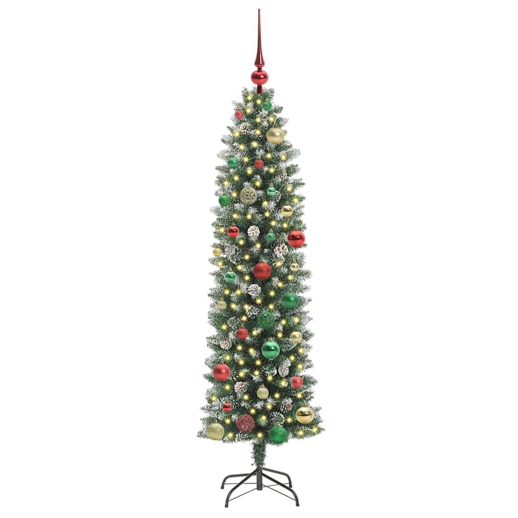 Albero di Natale artificiale sottile verde bianco 150 cm con 150 luci LED bianco caldo, 8 modalità, punte in PVC, ideale per interni, decorazione festiva