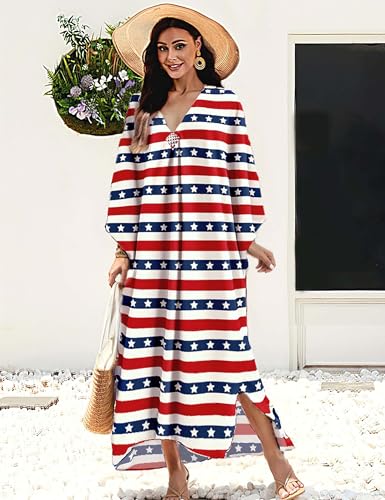 Image of MAKABO Kaftan Dresses for Women, V Neck Moo Moos Colorful Print Cover Ups Caftan Beach Dresses for Swimwear