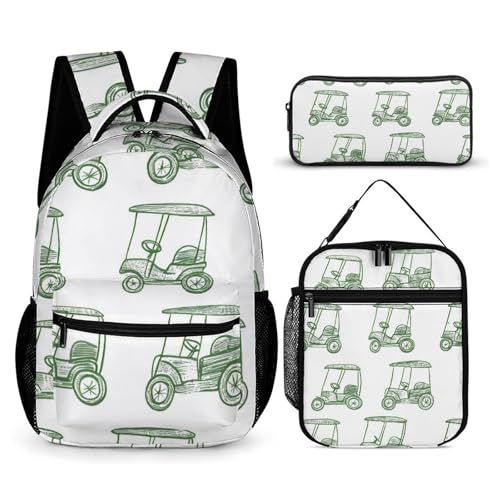 Golf Carts Backpack Shoulder Bags Lunch Bag Pencil Case Box 3 Set Daypack Cute