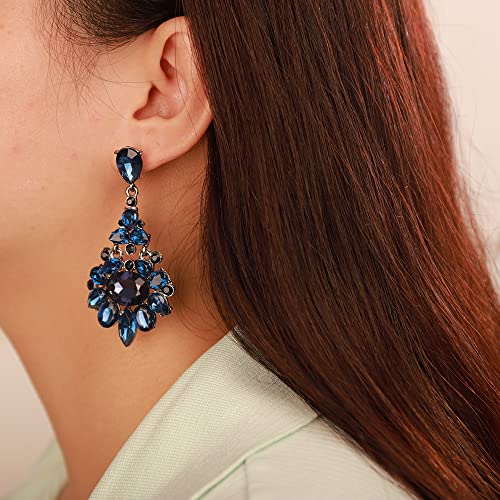 Kercisbeauty Statement Blue Crystals Dangle Drop Earrings Women Rhinestones Black Jewelry Retro Earrings (Blue)2