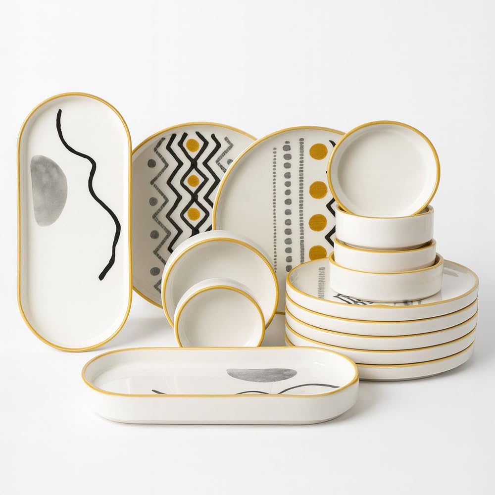 Ensemble de petit-déjeuner 14 pièces pour 6 personnes - Série Axial empilable - Vaisselle en céramique Kütahya faite à la main avec assiettes de service et bols - Passe au lave-vaisselle