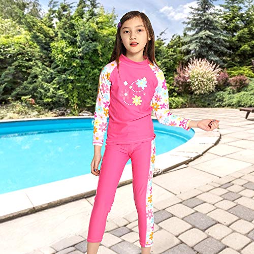 Tfjh E Girls Swimsuit Upf 50+ Two Piece Long Sleeve Top Pant Set Hotpink Long 8A #TOP1