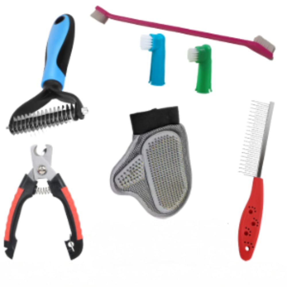 Kit de Limpieza para Mascotas 7 en 1 - Elimina Pelo Suelto, Nudos y Placa Dental - Para Perros y Gatos - Guante, Cepillo, Peine,Cortaúñas y Más con Bolsa de Transporte - HabNest