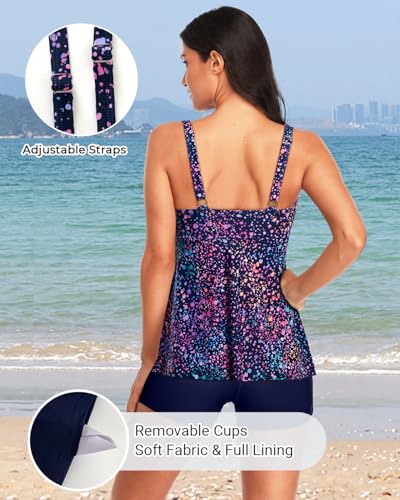 Image of Yonique Women 2 Piece Flowy Tankini Swimsuits with Boyshorts V Neck Swim Tank Tops Bathing Suits Modest Swimwear