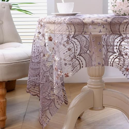 Nappe brodée fleurs napperon rectangulaire dentelle violette 130x100 cm pour décoration de table