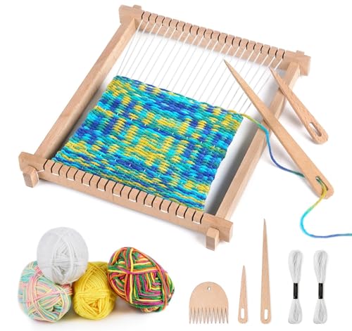 Homewit Weaving Loom Kit 24x28cm Wooden Weaving Frame Adjustable Knitting Machine STEM Knitting Loom Kits Educational Toy with Yarns Rods Combs and Shuttles Suitable for Beginner & Kids