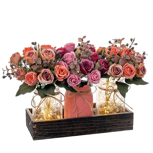 LUEUR Mason Jar Lights Centerpiece Table Decorations for Dining Room Farmhouse Coffee Table Decor Tray with 3 Artificial Fall Flowers Centerpieces Fall Decor-Pink & Orange