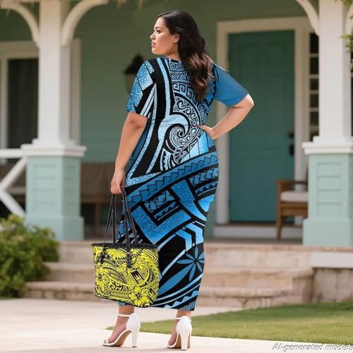 Image of Polynesian Dress for Women Short Sleeve High Waist Maxi Skirt | Puletasi dress, t-shirt and skirt two-piece, elastic material, lightweight, soft, plus size, luau party, wedding, clubwear
