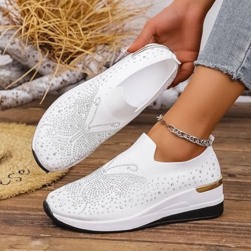 Women's Glittery Rhinestone Fashion Breathable Wedge Sneakers Summer Butterfly Embroidered Bling Sneakers for Women Sparkly Mesh Slip-on Walking Sneaker4